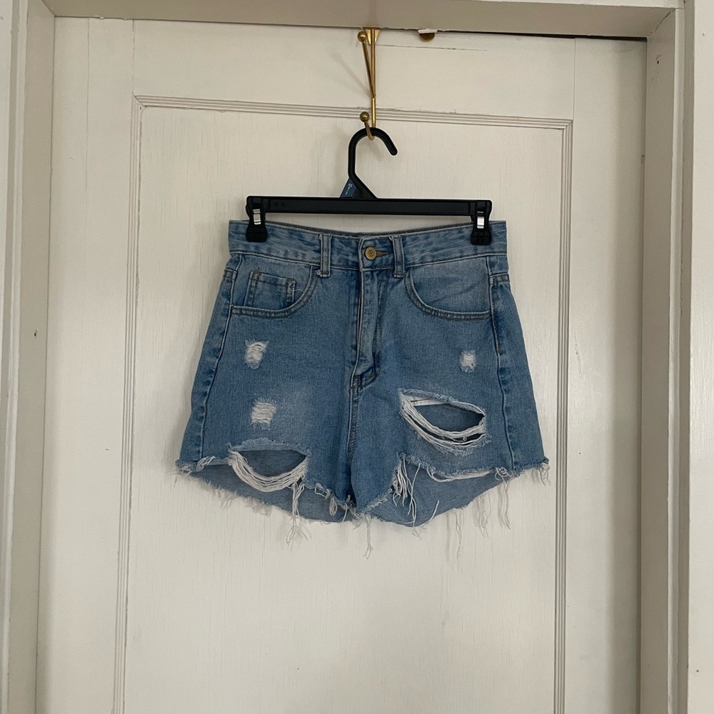 SHEIN Light Blue Distressed High-Rise Denim Shorts